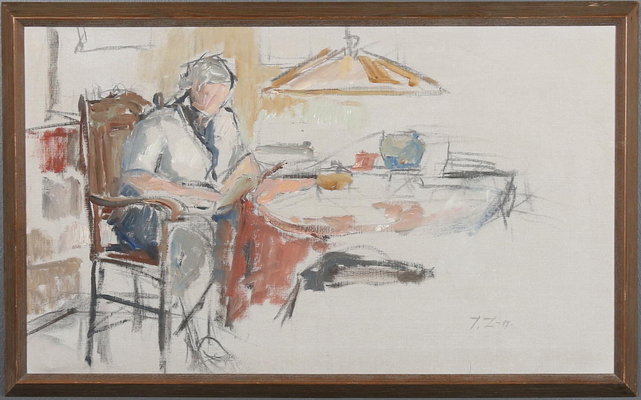 JULIUS ZEDERMAN. Olja på duk, Man sittande vid bord, 1900-tal.