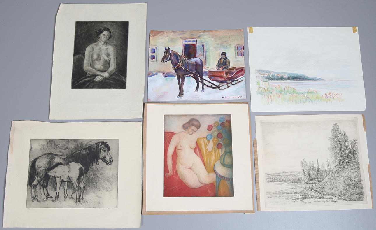 GUSTAV CRONÉR. 6 st blad, etsningar, krita, akvarell, 1900-tal.