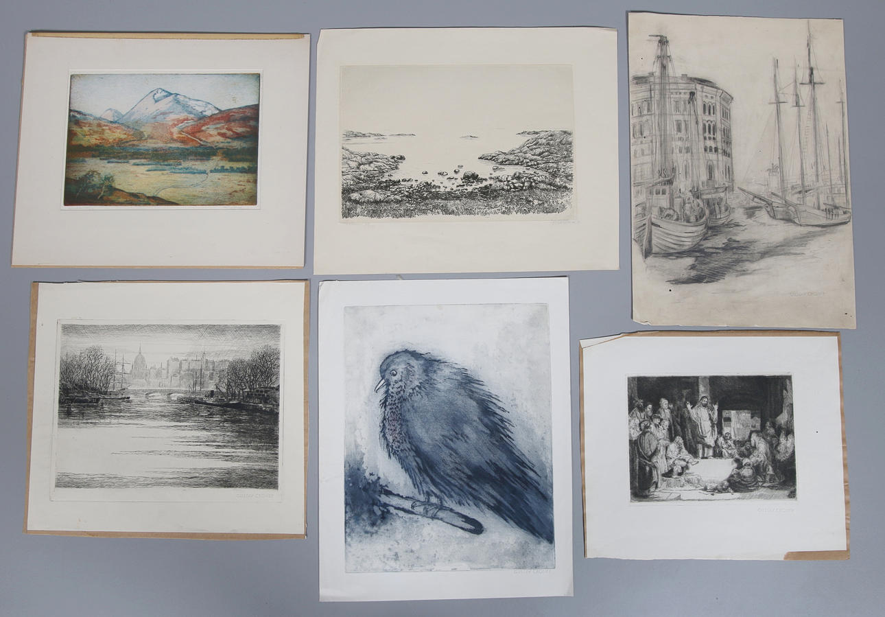 GUSTAV CRONÉR. 6 st blad, etsningar, blyerts, 1900-tal.