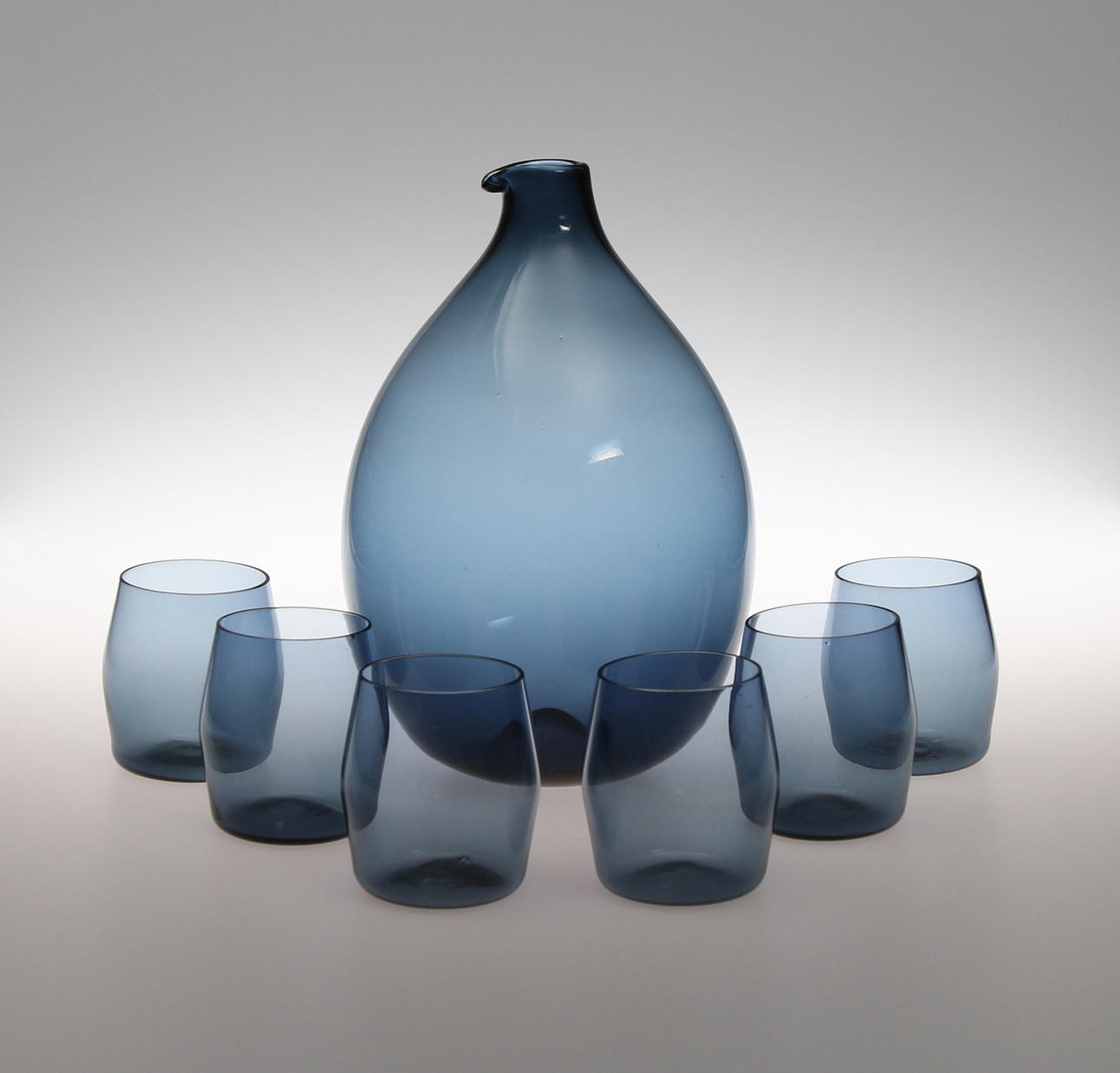 FLASKA, "Fågelflaska", + 6 st AROMGLAS "i-102" Timo Sarpaneva, Iittala -56.