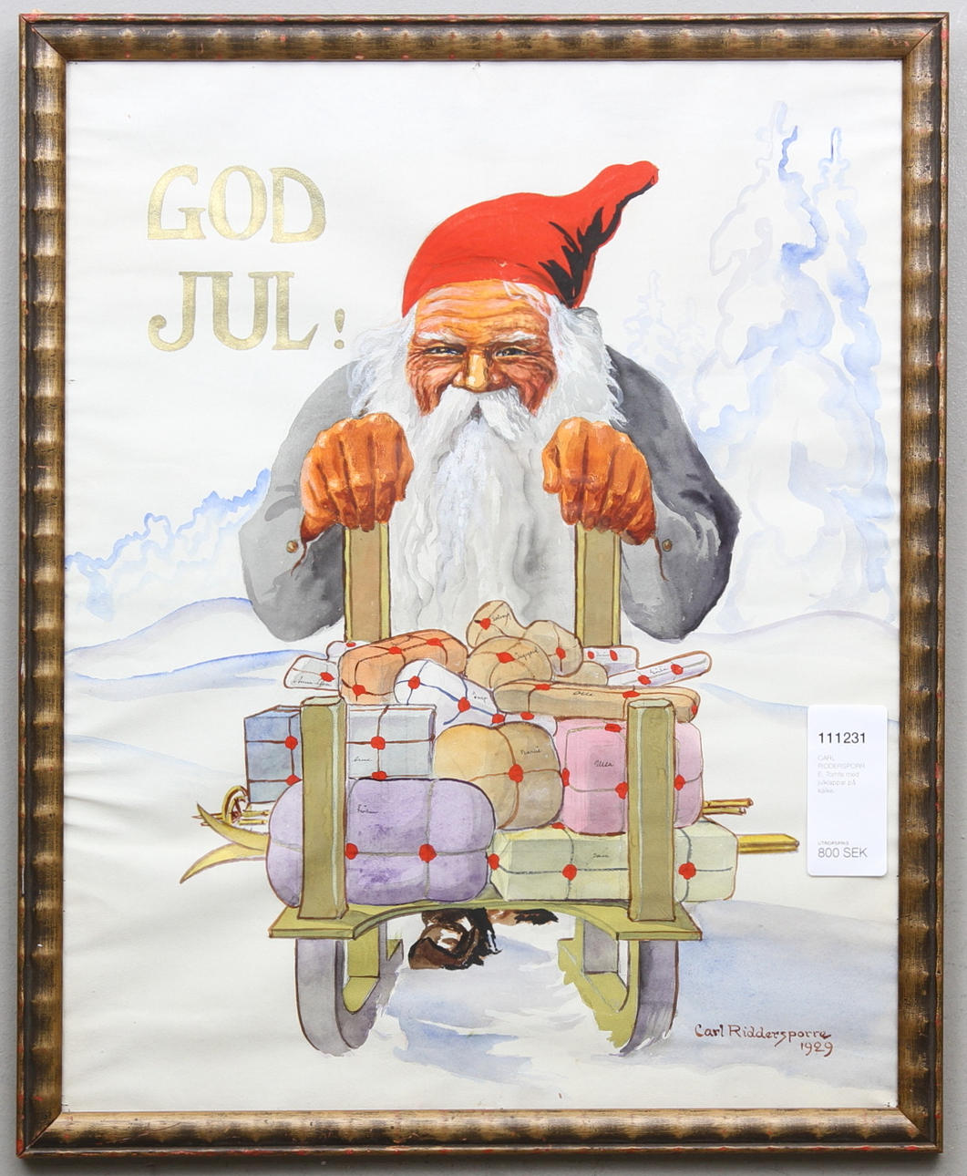 CARL RIDDERSPORRE. Tomte med julklappar på kälke. Gouache förstärkt med guldbrons. Signerad och daterad 1929.