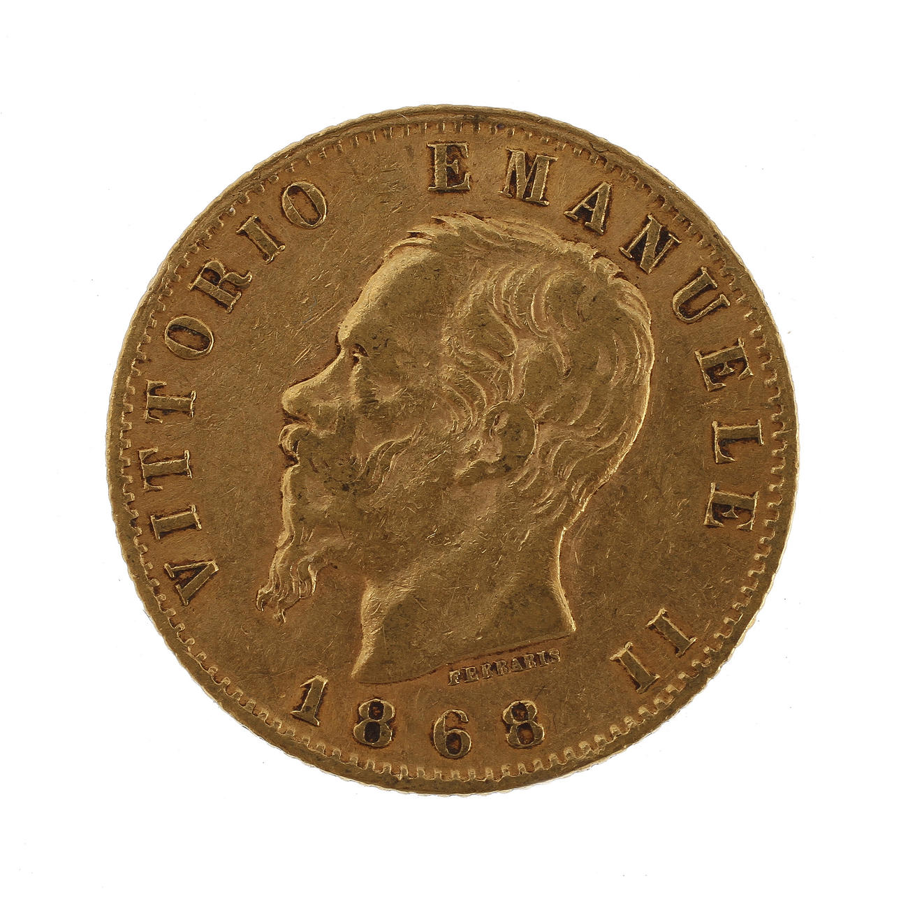 GULDMYNT, 20 Lire, Italien 1868, 6,4 gram.