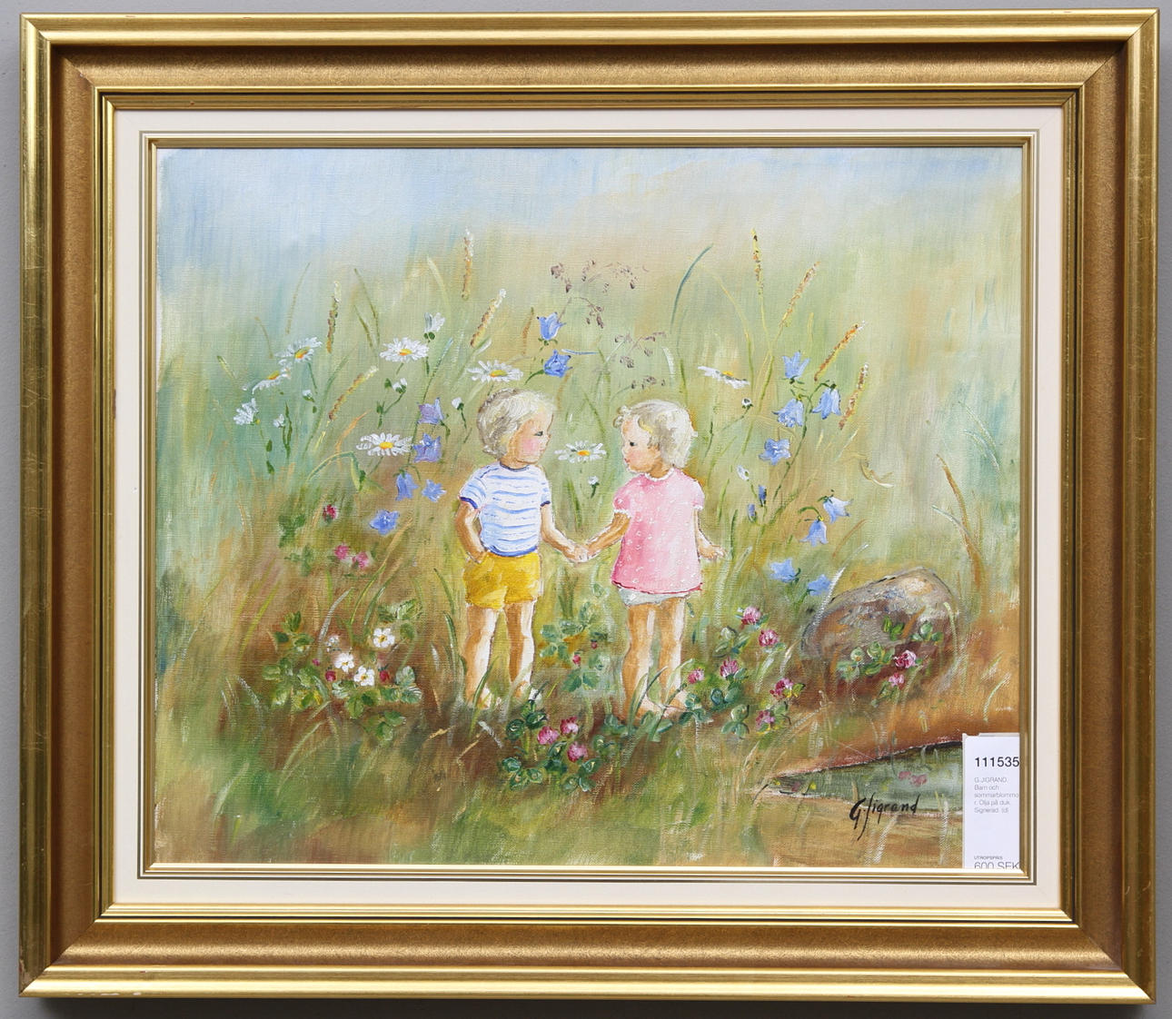 GUNVOR SIGRAND. Barn och sommarblommor. Olja på duk. Signerad.
