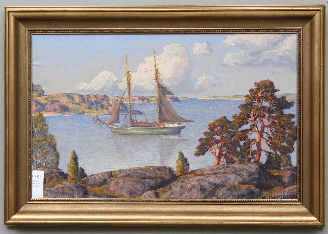 KARL BERGMAN. Solbelysta tallar och segelfartyg. Olja på duk, signerad.