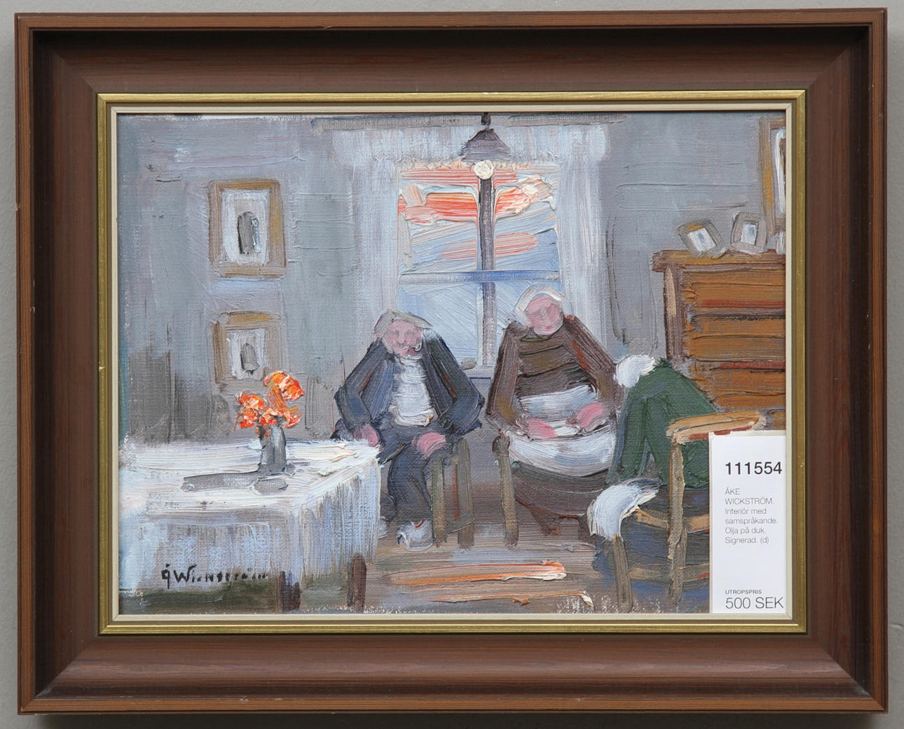 ÅKE WICKSTRÖM. Interiör med samspråkande. Olja på duk. Signerad.