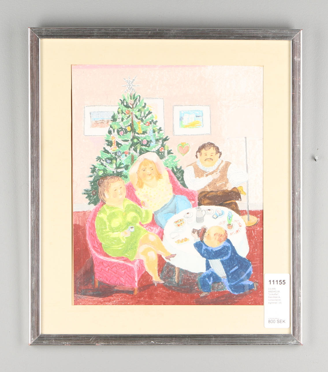 LILIAN ANSHELM. "Julkaffet", blandteknik, rumsinteriör, signerad.