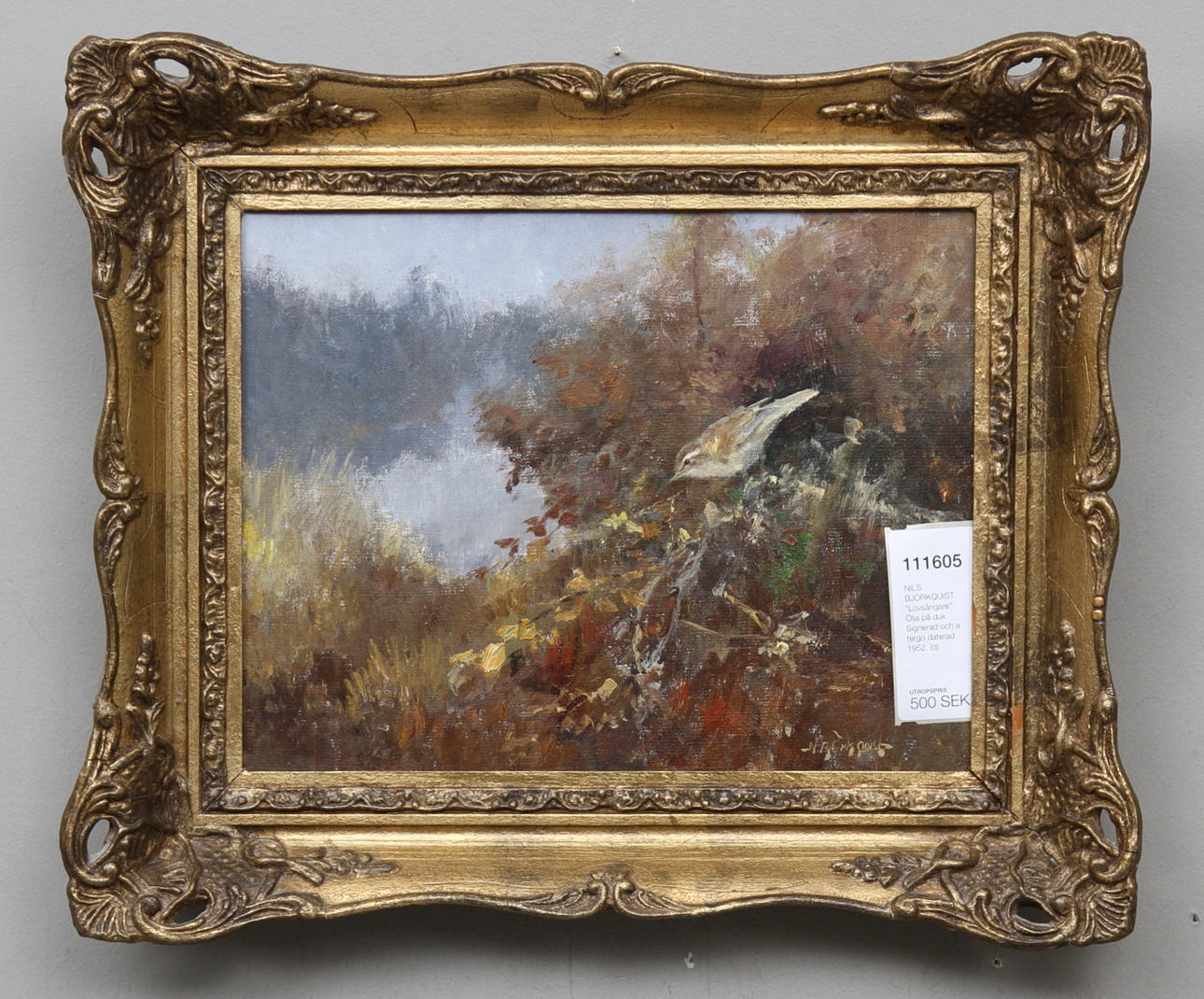 NILS BJÖRKQUIST. "Lövsångare". Olja på duk. Signerad och a tergo daterad 1952.
