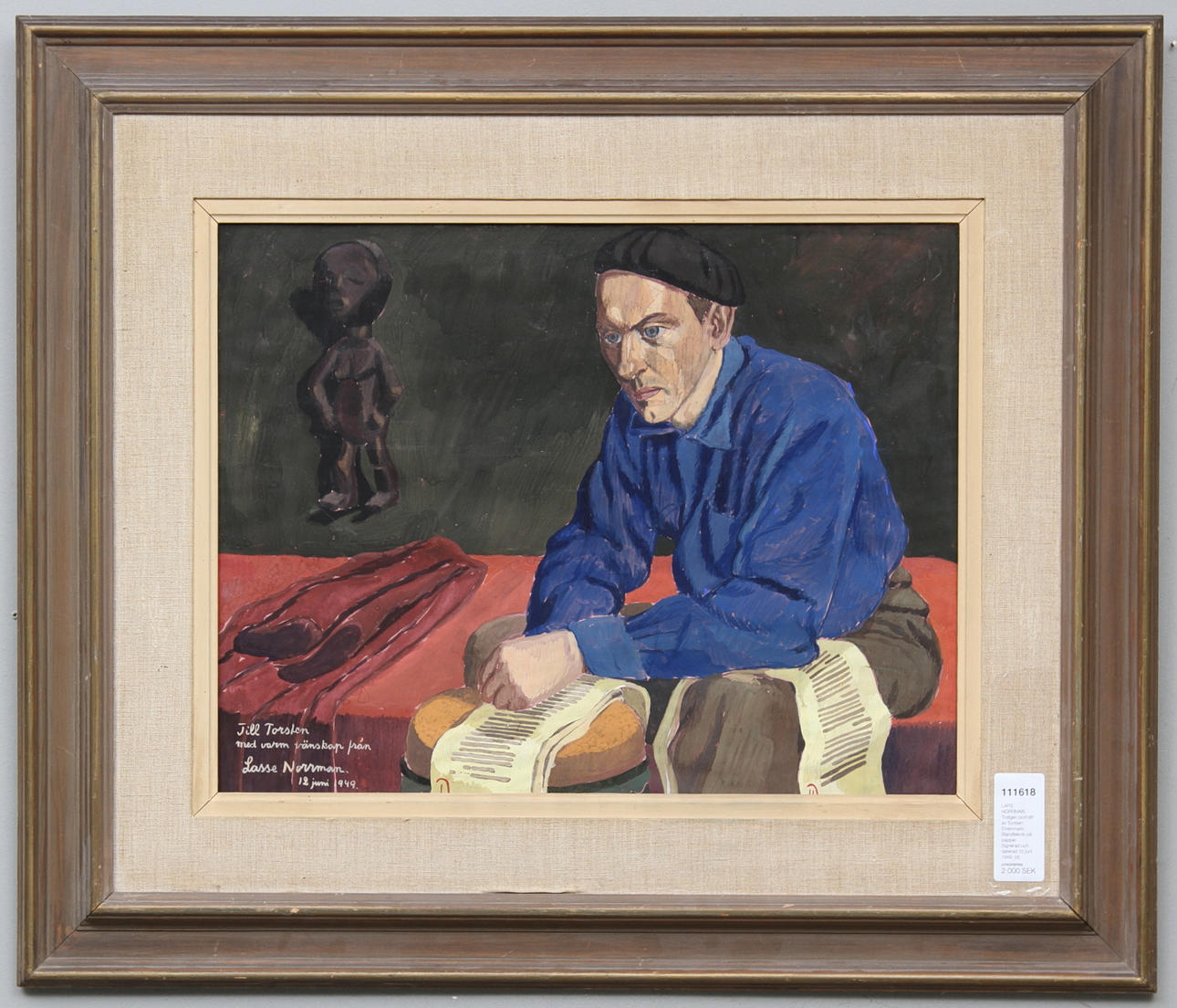 LARS NORRMAN. Troligen porträtt av Östgöta Correspondentens redaktör Torsten Hansson. Blandteknik på papper. Signerad och daterad 12 juni 1949.