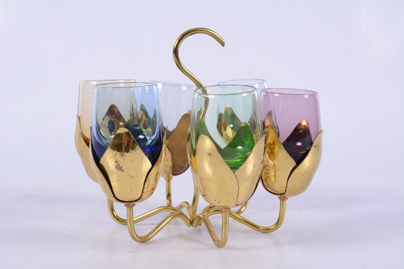 DRINKSET, mässing/glas, 1900-tal.