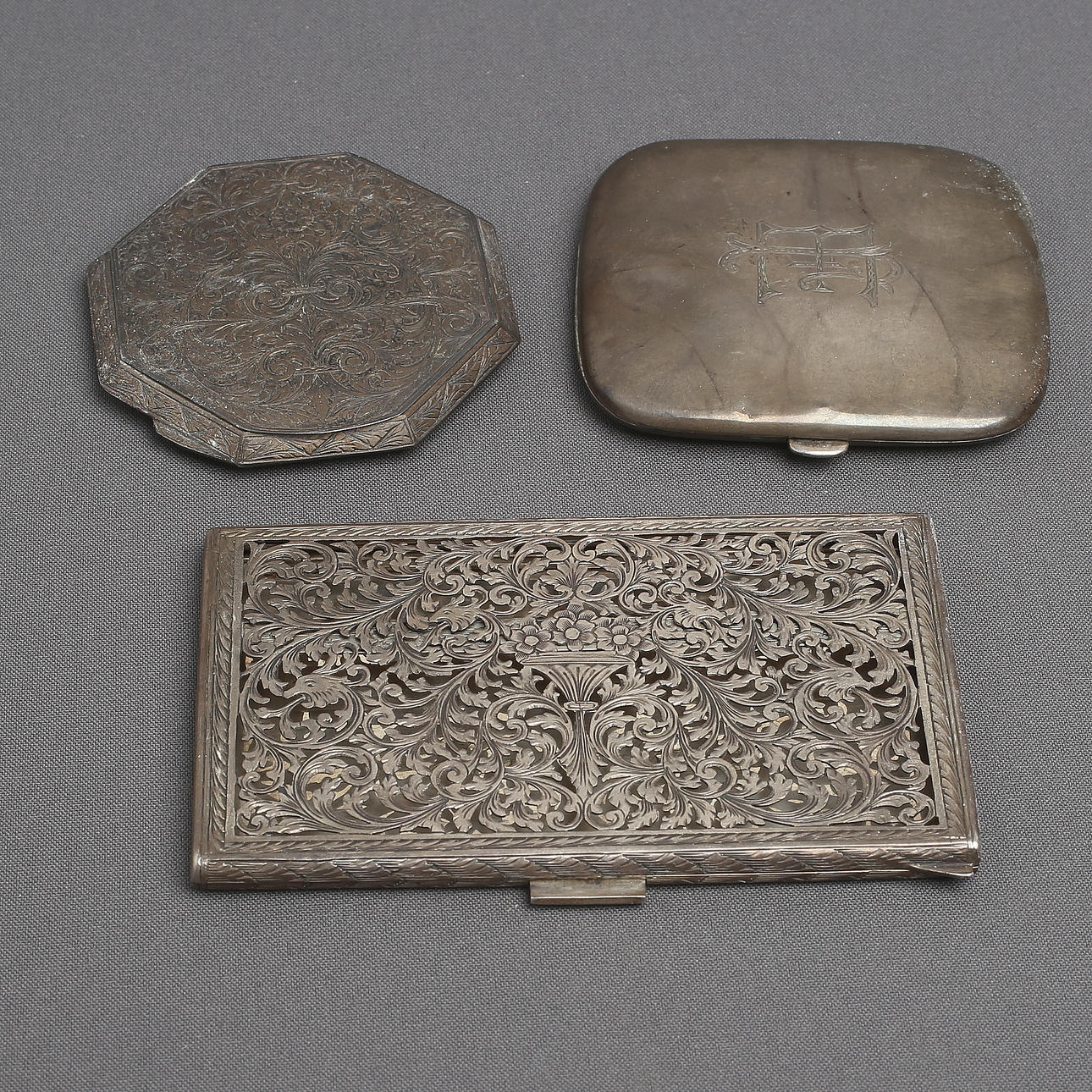 ETUIER, 3 stk, sølv, udenlandske stempler.