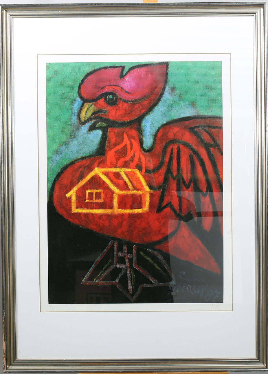 HENRY HEERUP. Print, Rooster, signed.