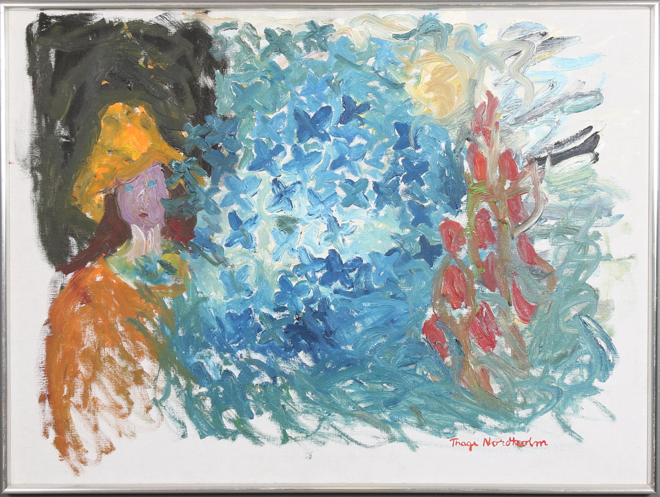 THAGE NORDHOLM. Olja på duk, signerad, "Kvinna och fåglar".