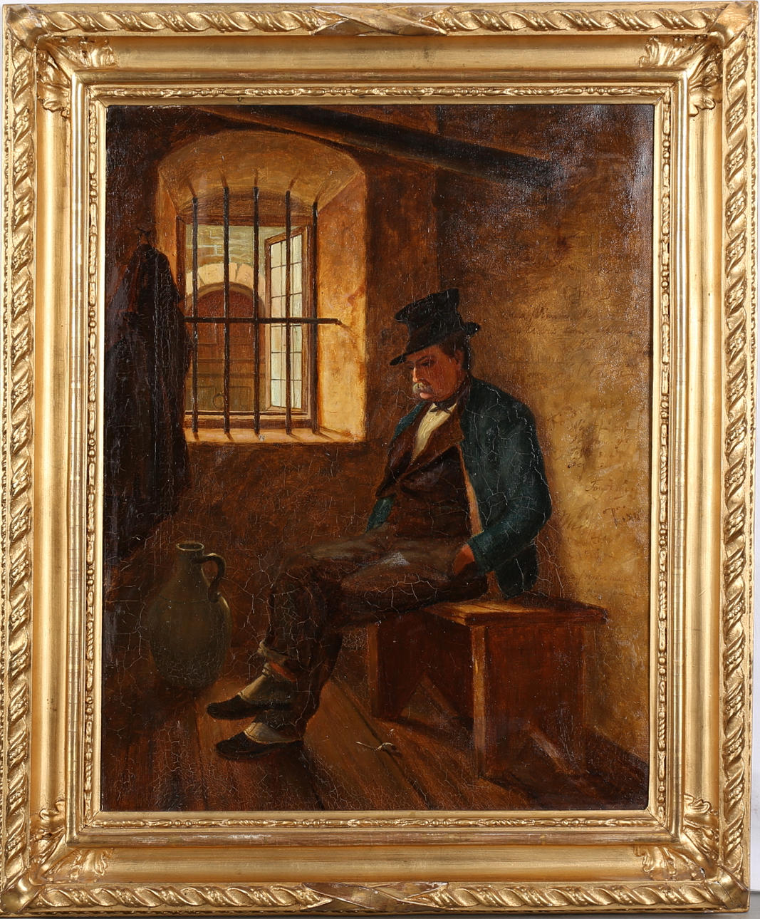 OIDENTIFIERAD KONSTNÄR. Man i cell. Olja på duk, 1800-talets andra hälft, signerad.