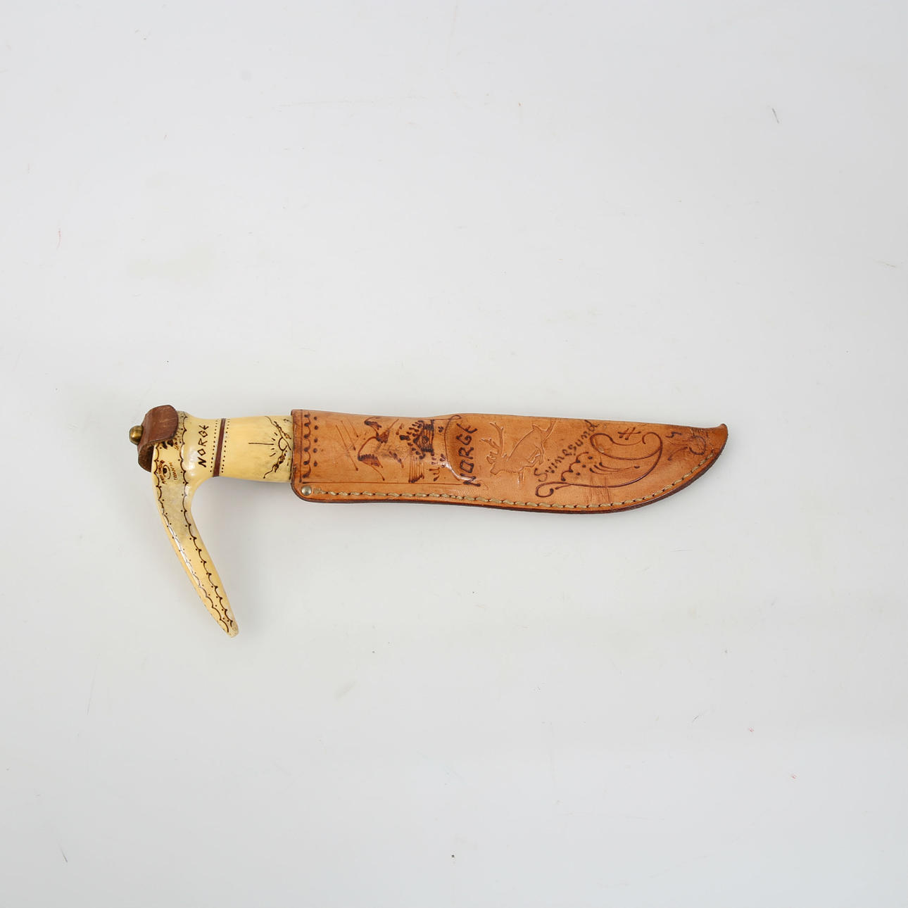 KNIFE AND CASE, bone and leather, Svinesund, Norway.