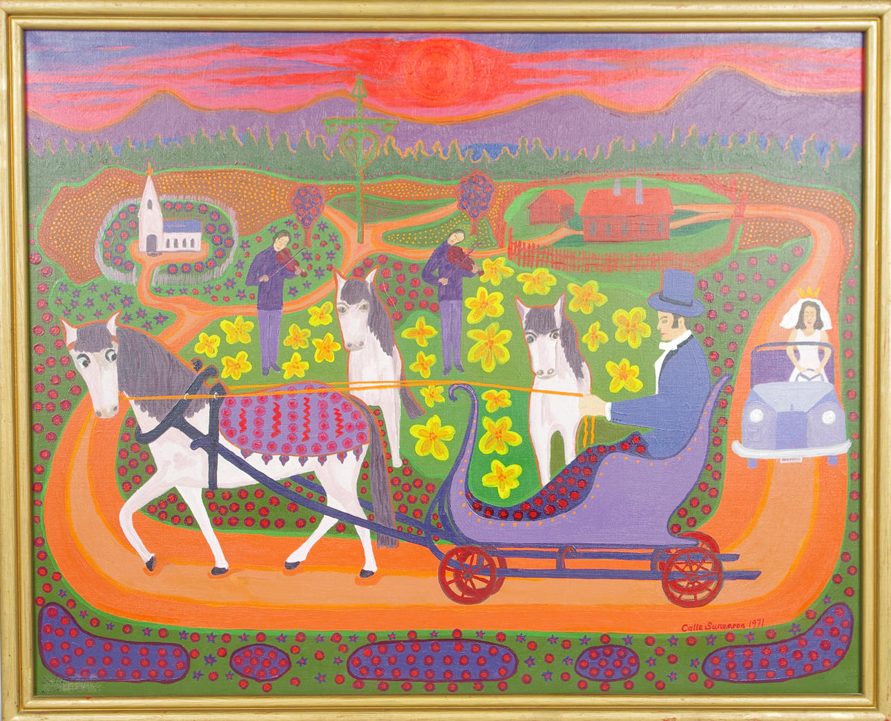 CALLE SUNESSON. brudpar på väg till kyrkan, olja på duk.