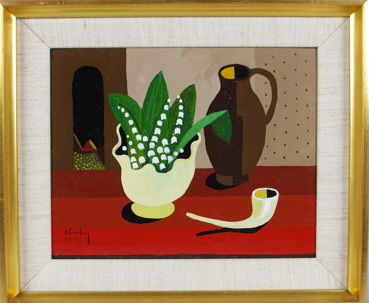 ERIK CEDERBERG. stilleben med liljekonvalj och pipa, tempera.