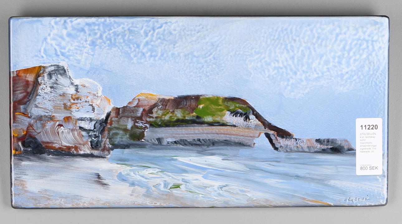 STIG SELLÉN. 4 st, landskap samt marinmotiv, emaljmålningar, signerade, 3 st daterade.