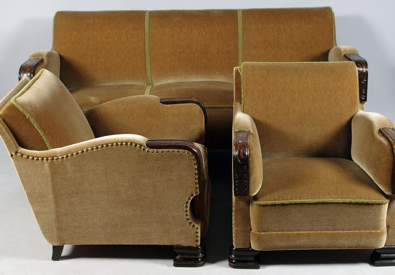 SOFFGRUPP, chippendalestil, björk/plysch.