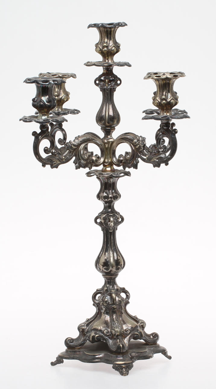 KANDELABER, för 5 ljus, nysilver, GAB, omkring 1900.