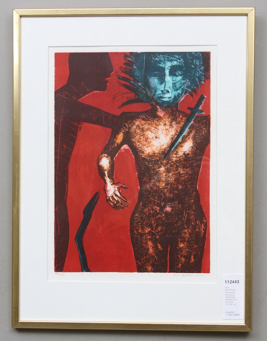 EVA ZETTERVALL. Komposition med figurer. Färglitografi. Signerad och numrerad 107/330.