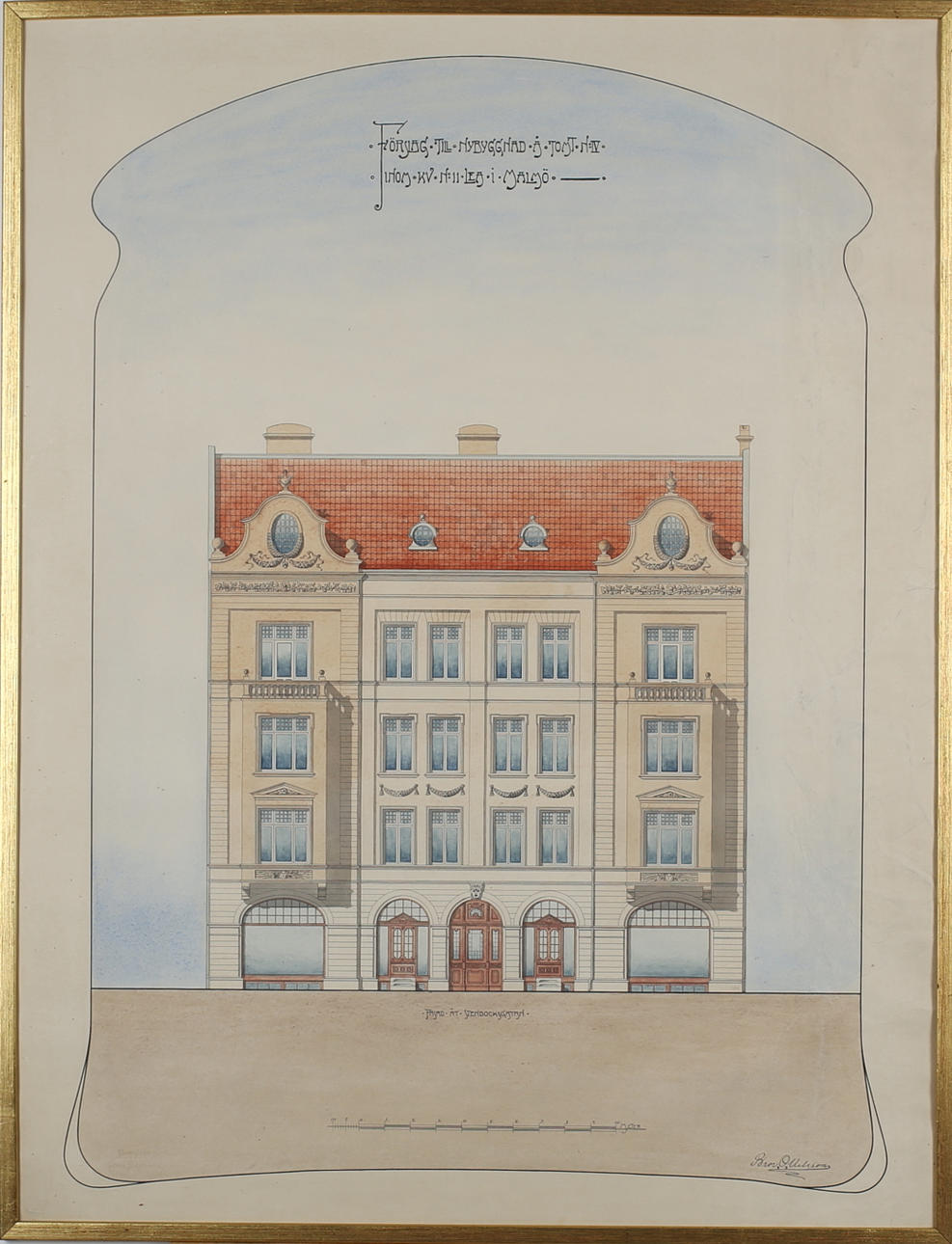 BROR O NILSSON. Förslag till nybyggnad å tomt N IV inom kv n 11 Lea i Malmö. Akvarell. Signerad.