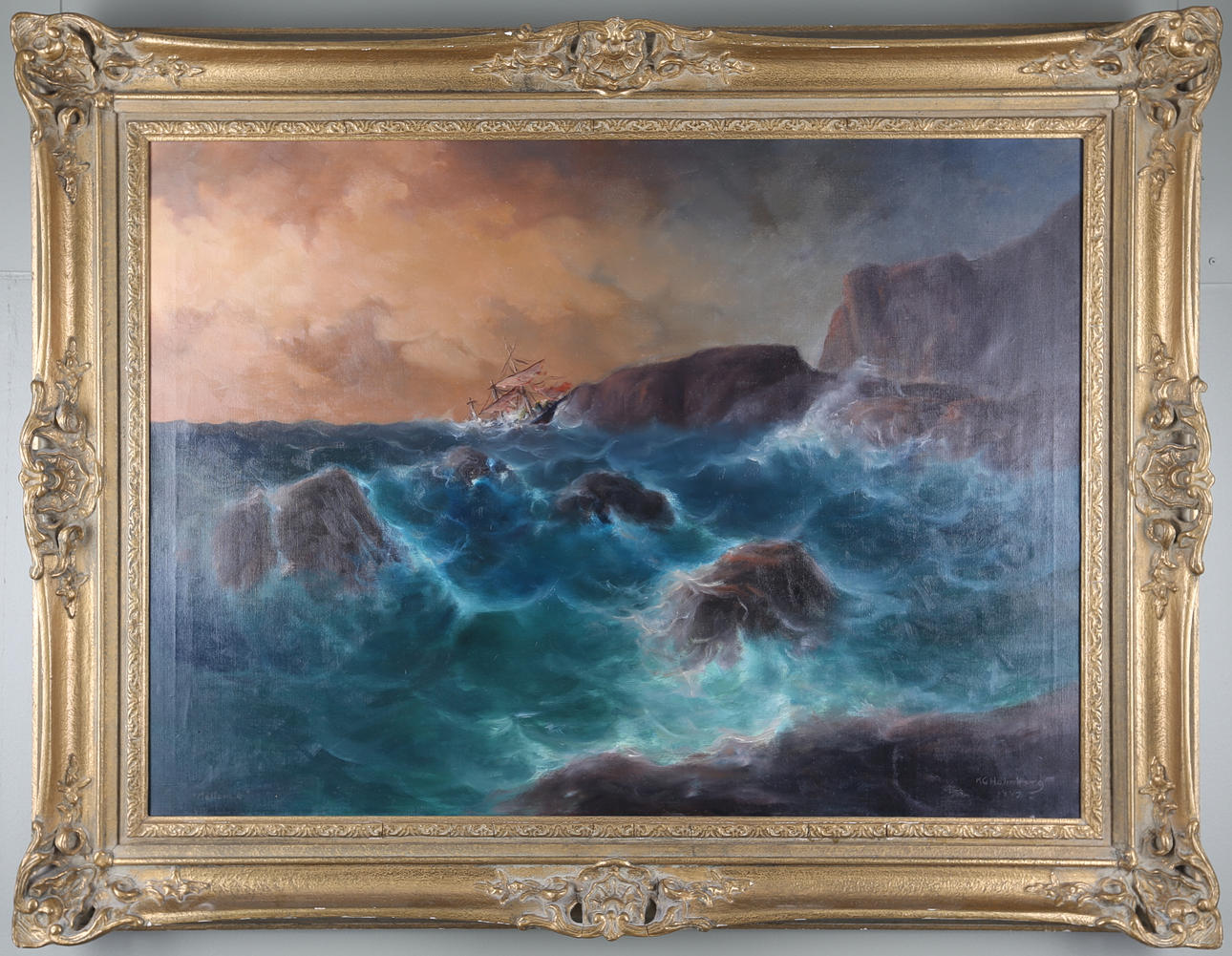 KG HOLMBERG. Olja på duk, Skeppsbrott Mallorca, signerad o dat 1947.