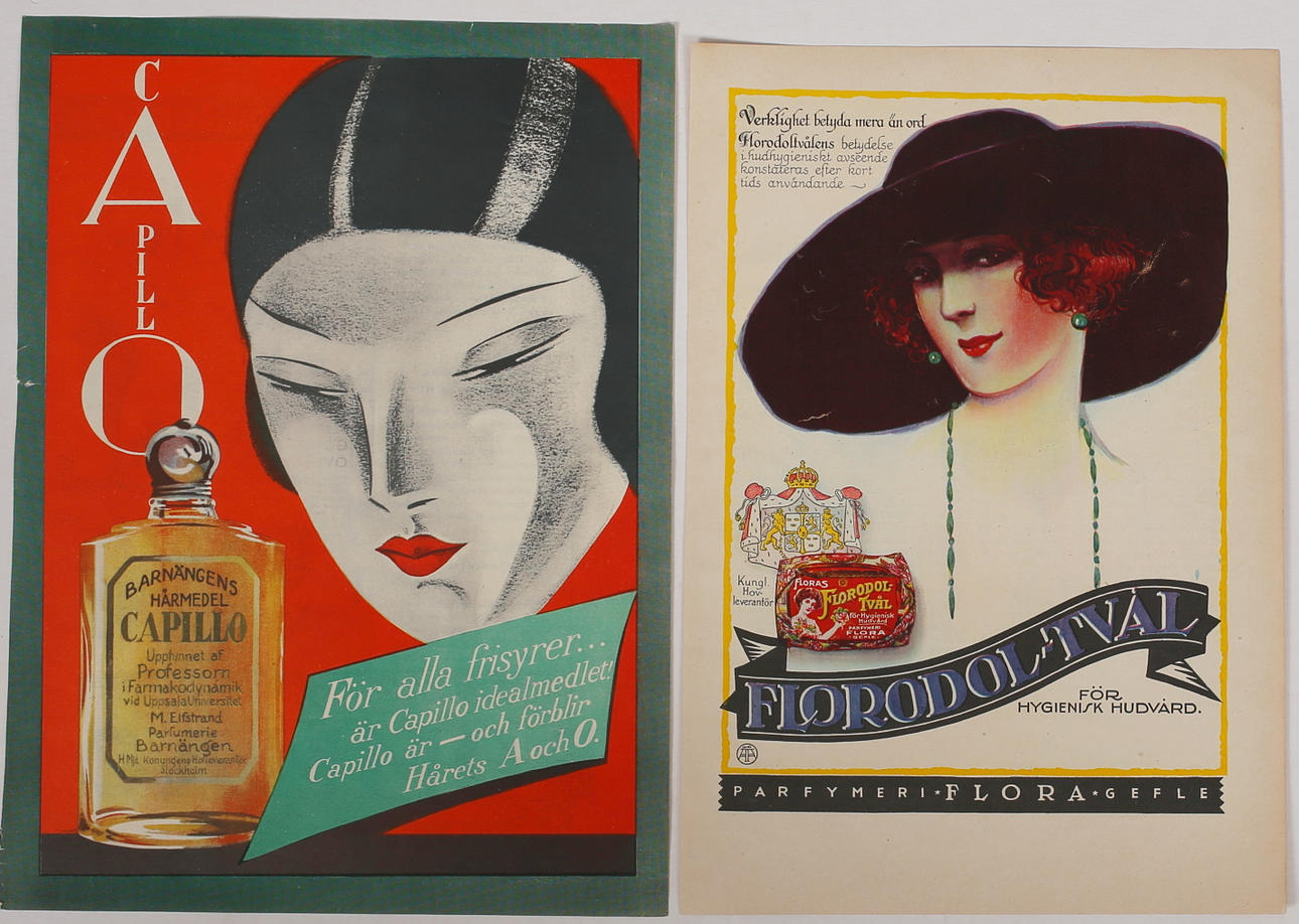 PARTI REKLAMTRYCK (2). Florodol-tvål /Barnängens Hårmedel Capillo. 1920-tal.
