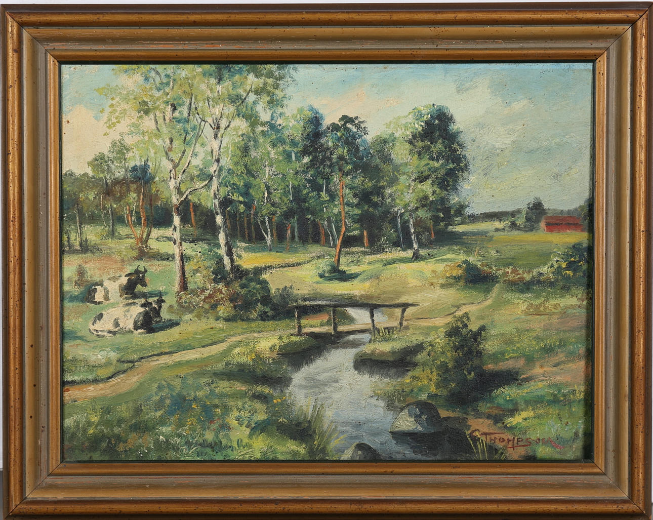 OIDENTIFIERAD KONSTNÄR. Landskap med kor. Olja på duk, signerad C THOMPSON.