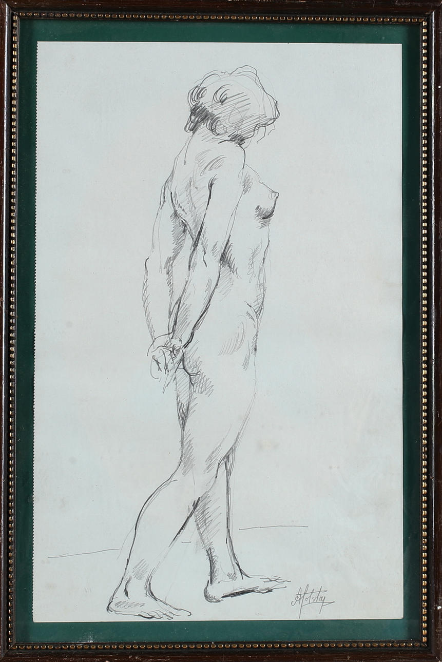 ALEXANDER TOLSTOY. Nude study, pencil drawing, signed.