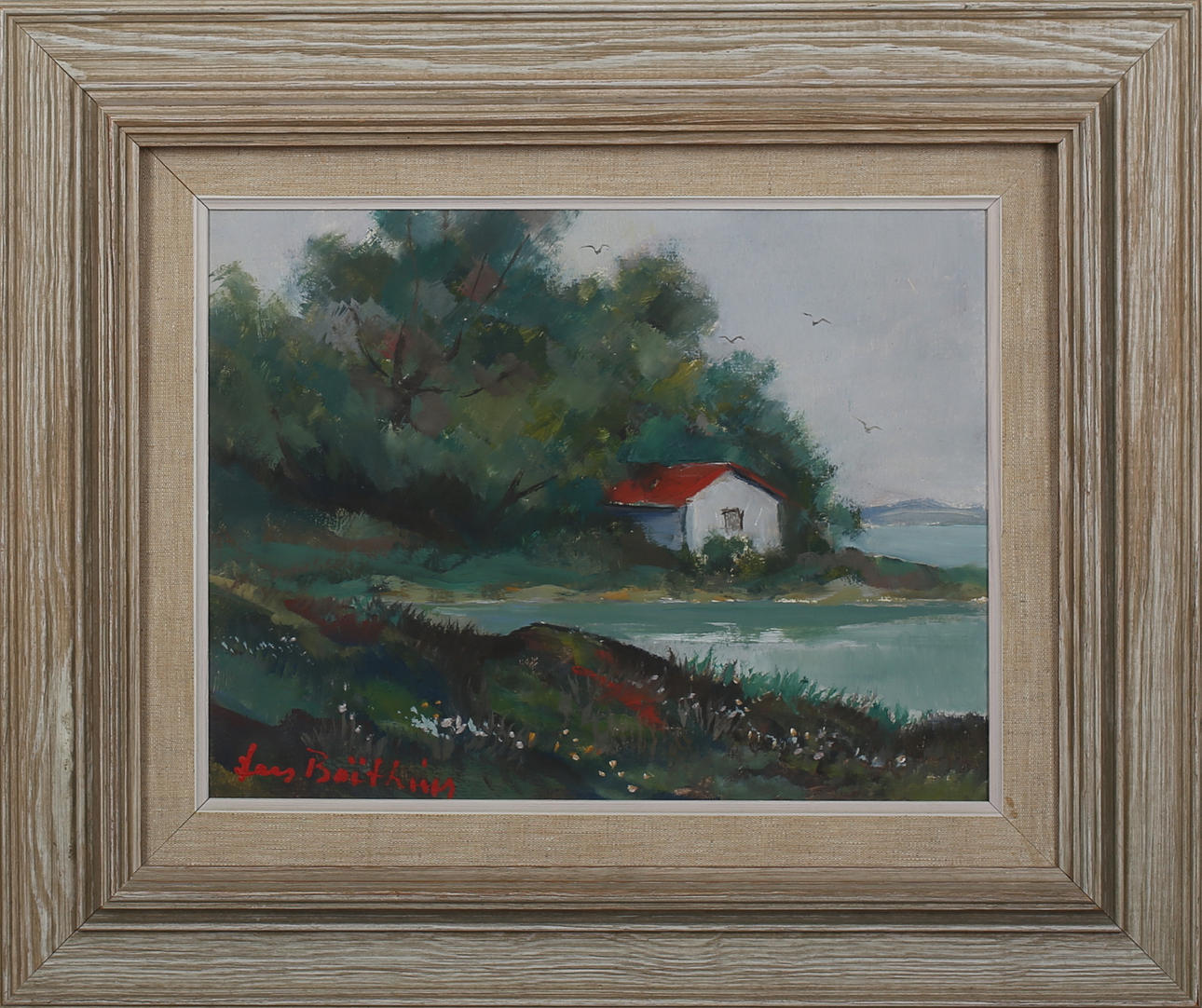 LARS BOETHIUS. Kustbild med hus. Olja på pannå. Signerad.