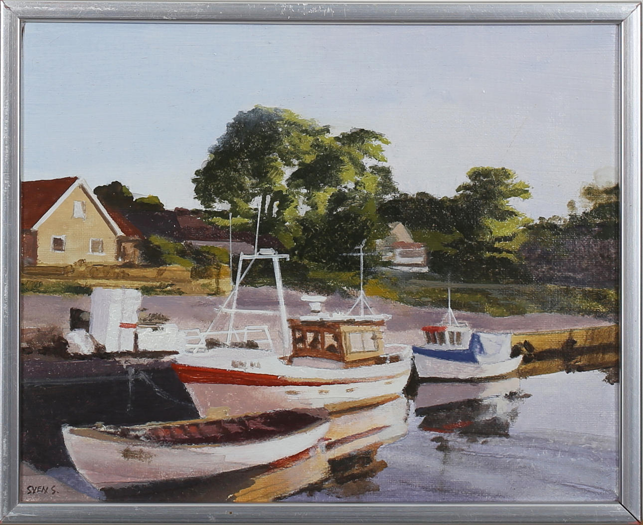SVEN ÅKE SVENSSON. "Båtar Baskemölla". Olja på duk. SigneradSven S.