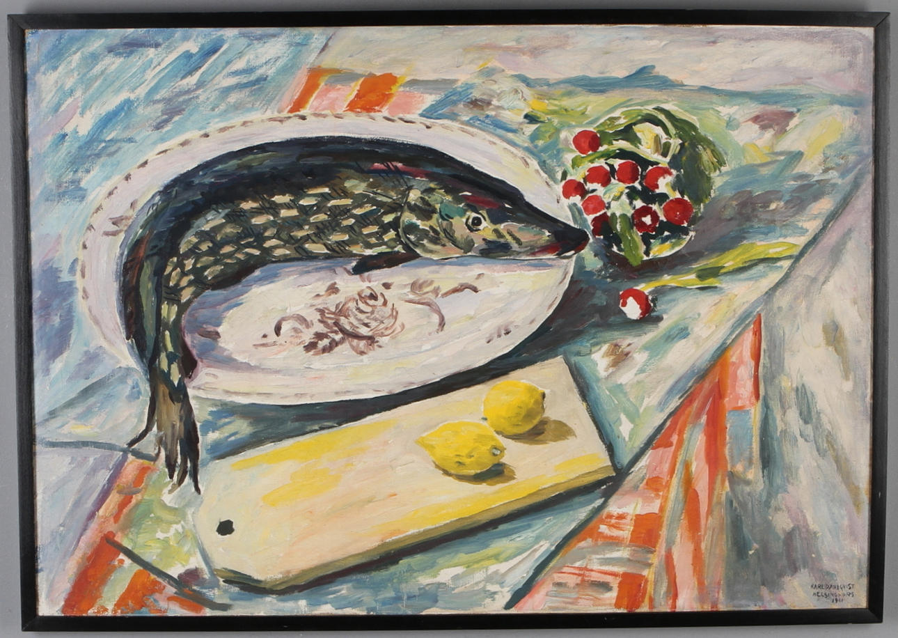 KARL DAHLQVIST. Stilleben med gädda och citroner, olja på duk, signerad och daterad Helsingfors 1941.
