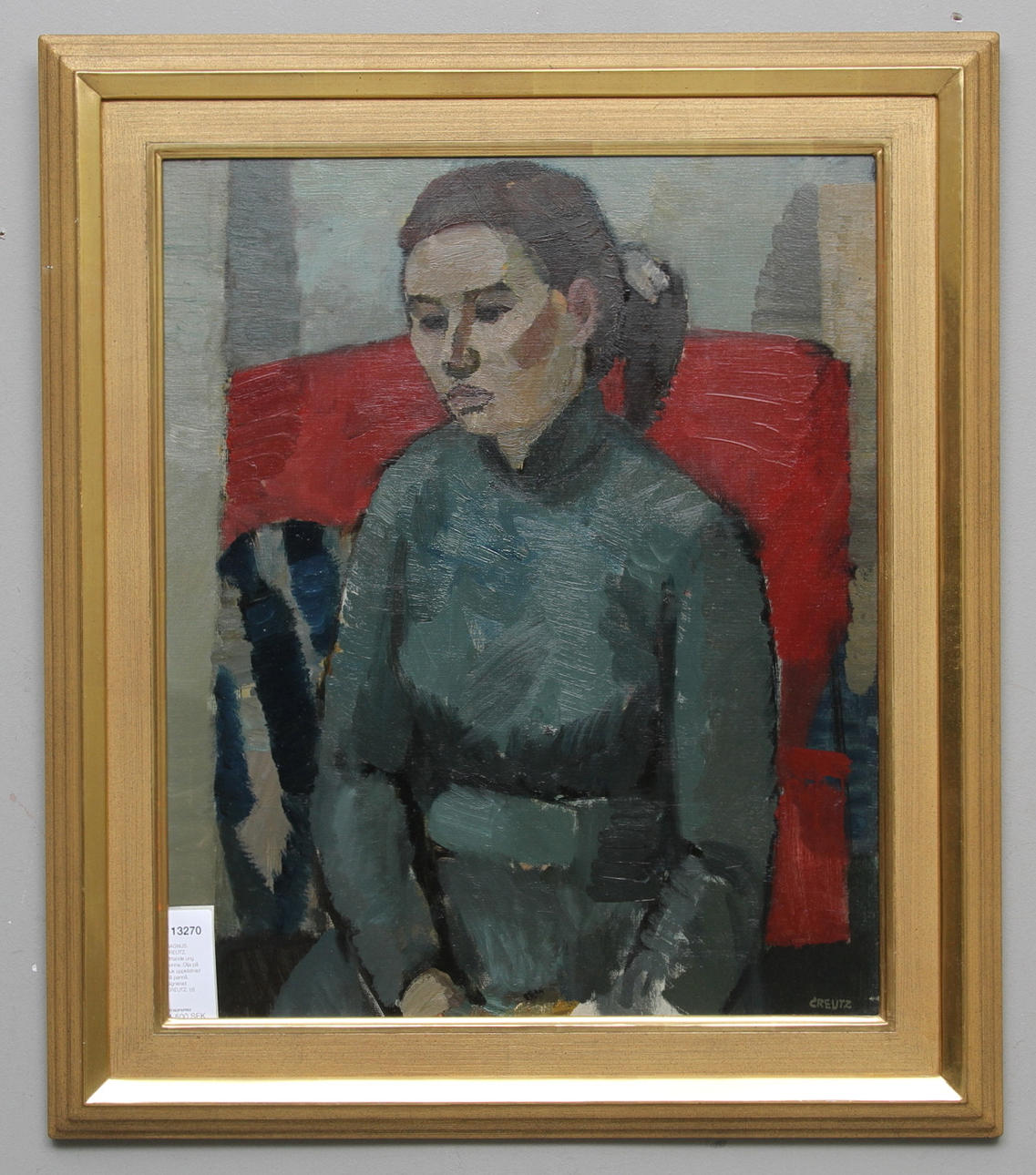 MAGNUS CREUTZ. Sittande ung kvinna. Olja på duk uppklistrad på pannå. Signerad CREUTZ.
