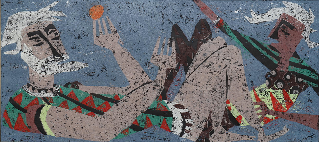 JANUS JAHN. colored woodcut, ''Pärlan'', signed, numbered 3/6.