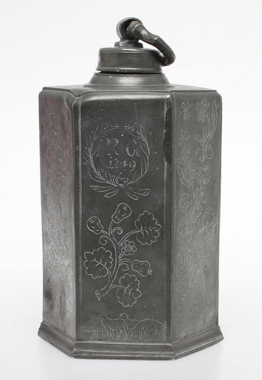 BEHÅLLARE MED LOCK, tenn, med monogram RG samt daterad 1749.