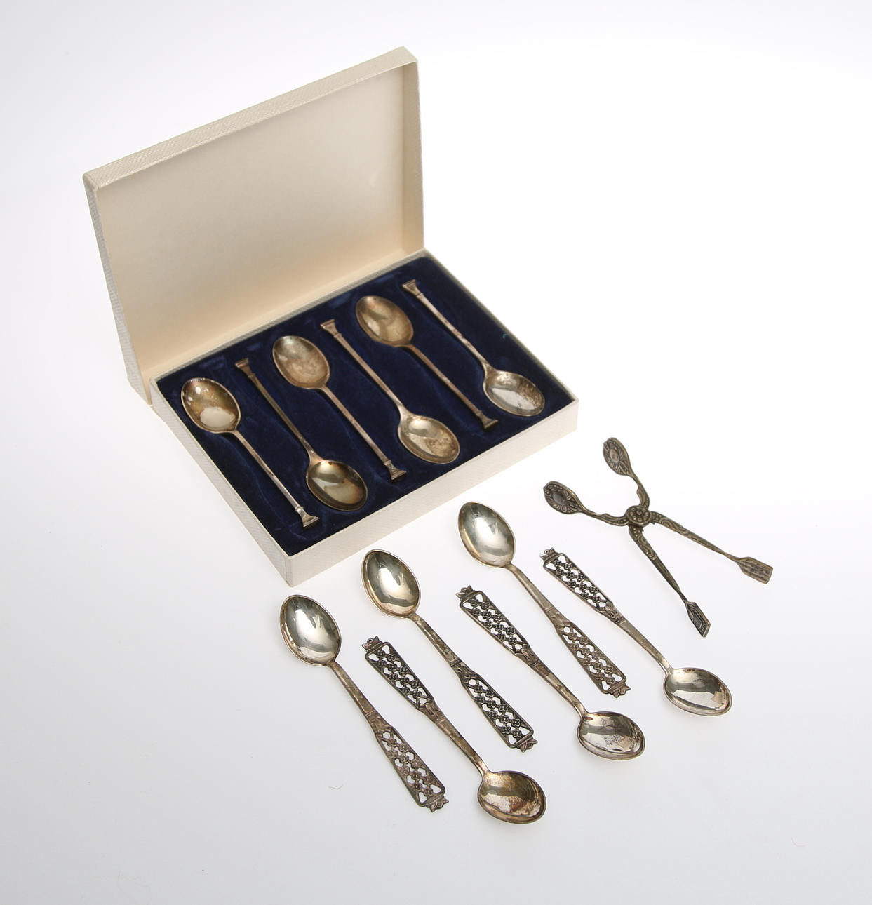 SKEDAR, 6 st + sockertång, silver "Gesons". 6 st märkta BG&S, England.