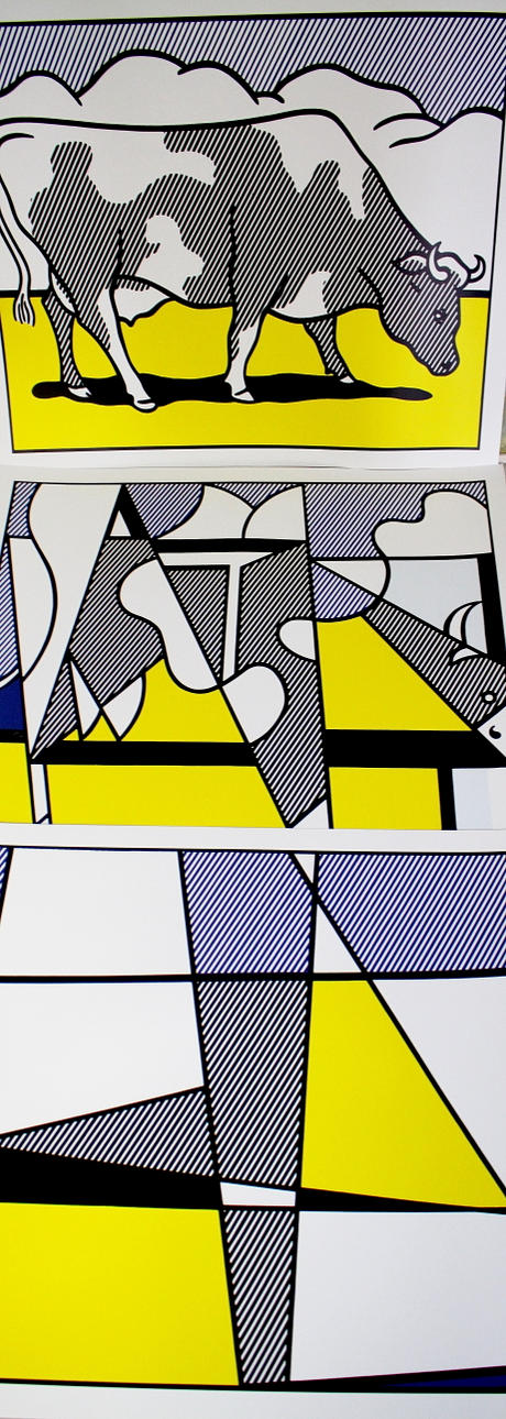ROY LICHTENSTEIN. "Cow Going Abstract", 3 stycken färgoffset, triptyk.