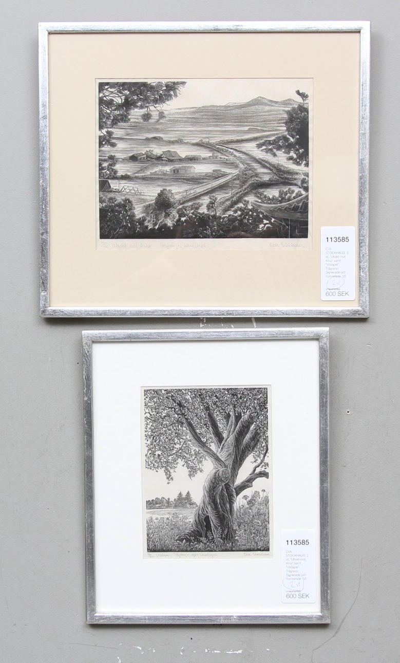 EVA STOCKHAUS. 2 st, "Utsikt mot Kina" samt "Vildapel". Trägravyr. Signerade och numrerade.