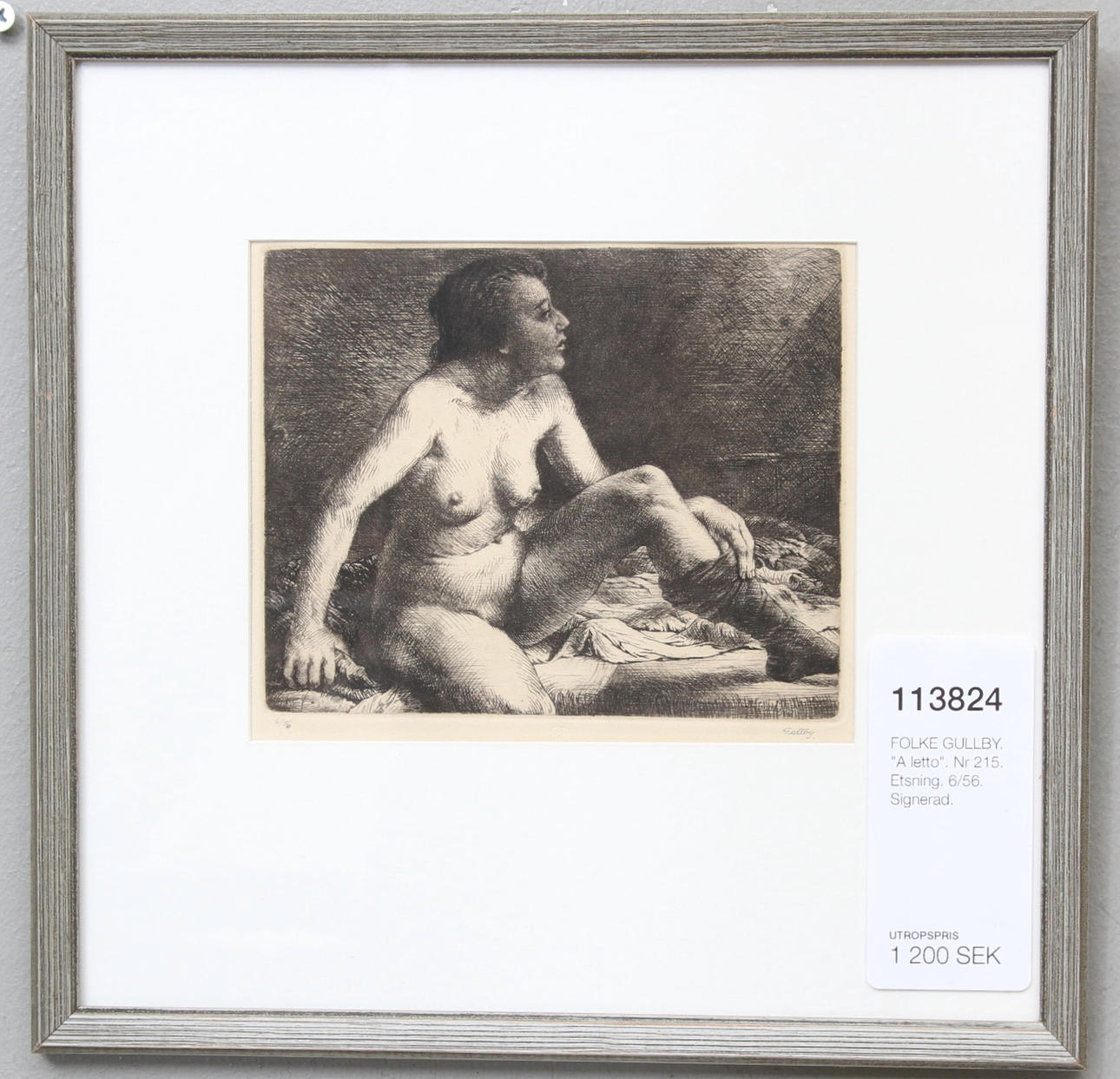 FOLKE GULLBY. "A letto". Nr 215. Etsning. 6/56. Signerad.