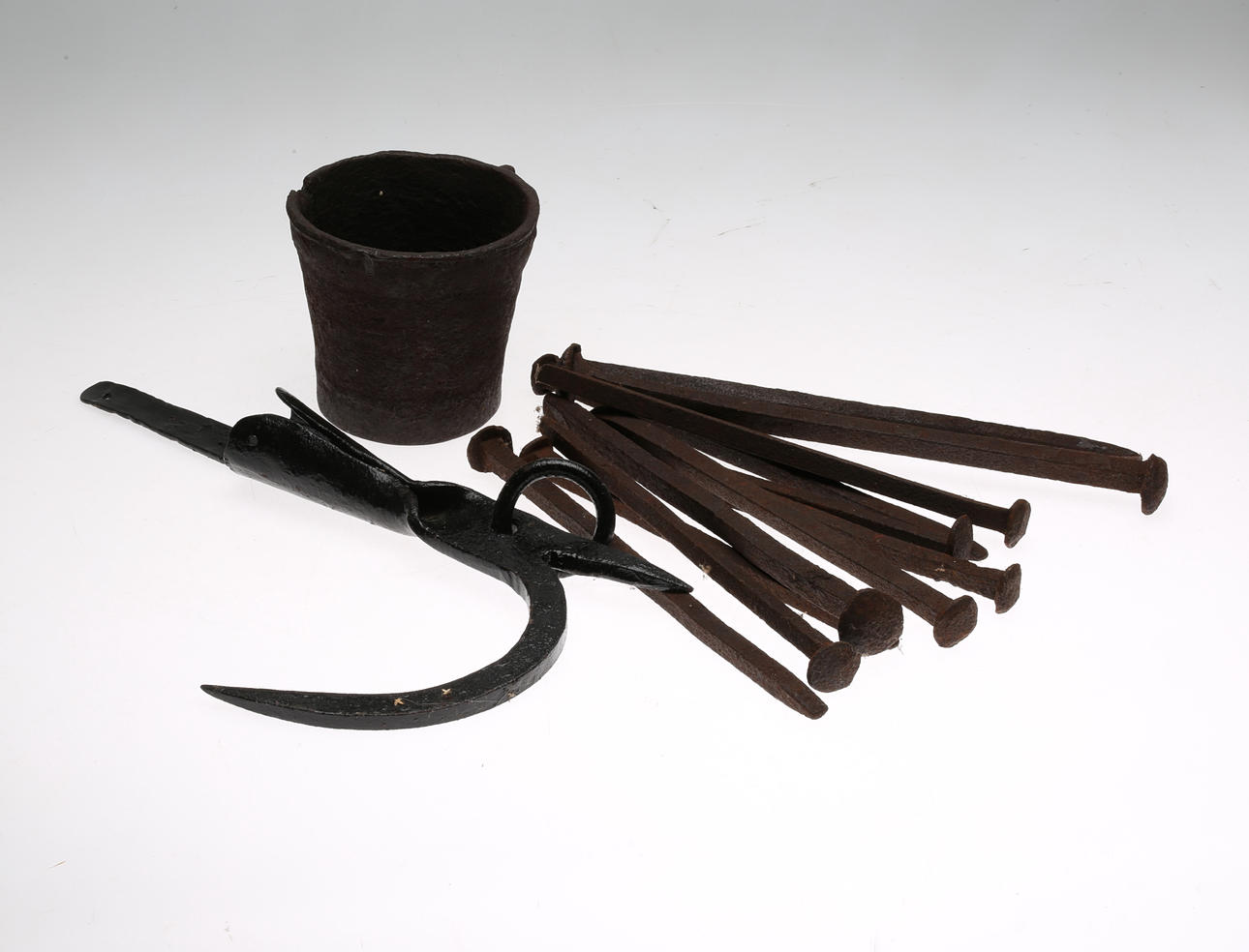 HOUSEHOLD TOOLS, iron nail, hook and mortar.