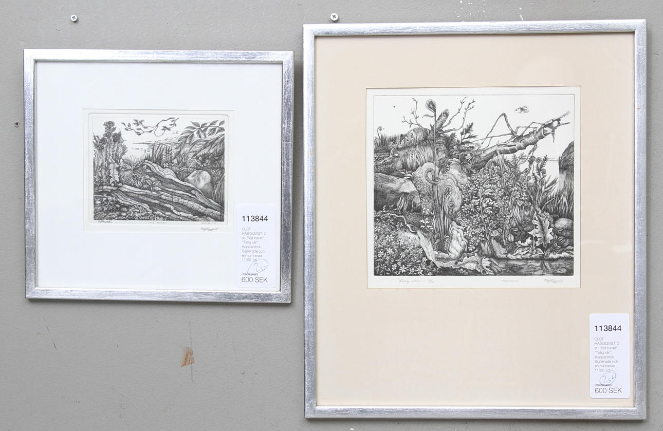 OLOF HÄGGQVIST. 2 st. "Vid havet", "Tidig vår". Kopparstick. Signerade och en numrerad 11/50.