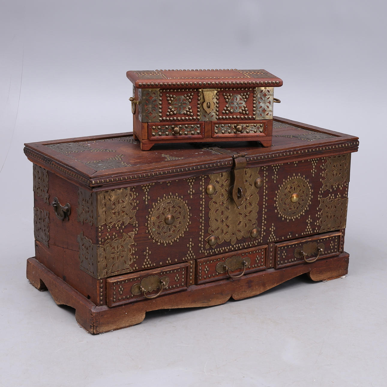 CHESTS with brass fittings, 2, probably African.