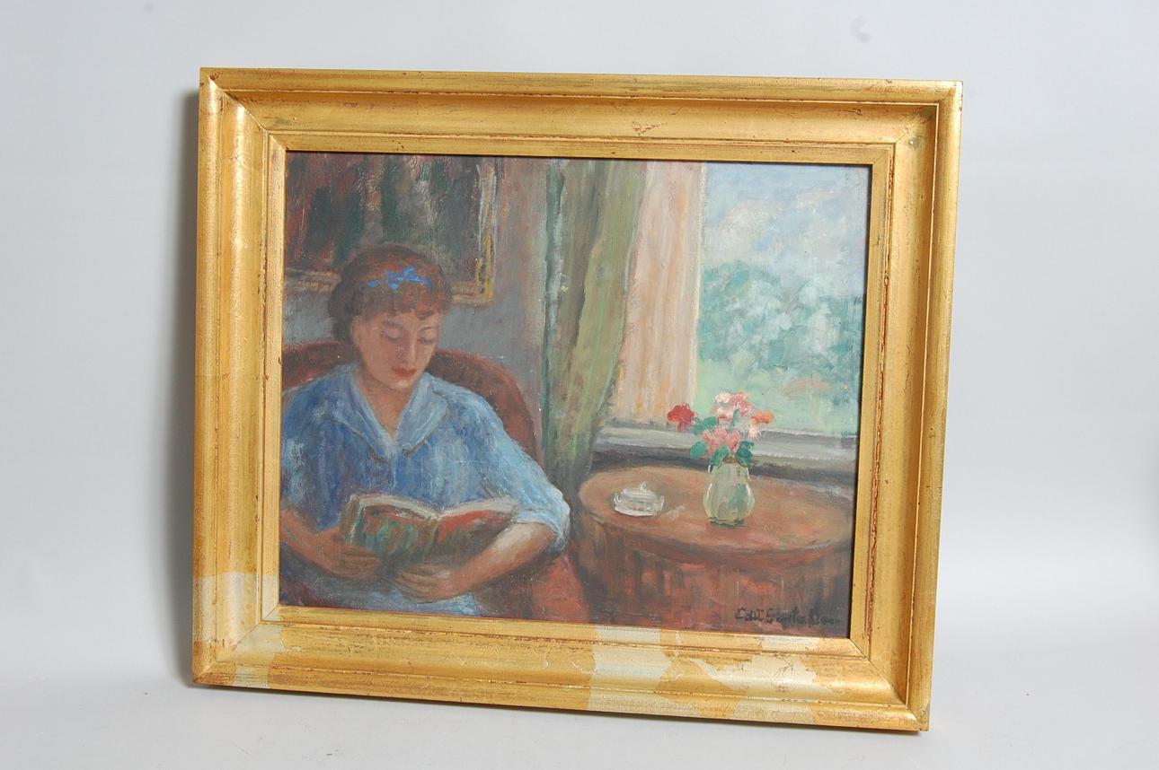 EDITH GUSTAFSSON. 1886-1968, "Läsande kvinna " olja på duk, signerad.