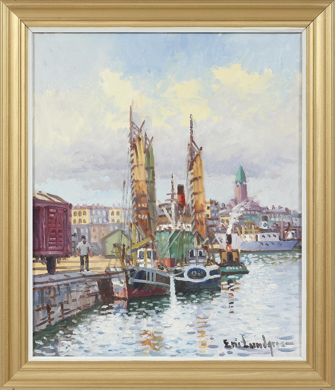 ERIK LUNDGREN. Olja på duk, signerad. Göteborgs hamn.