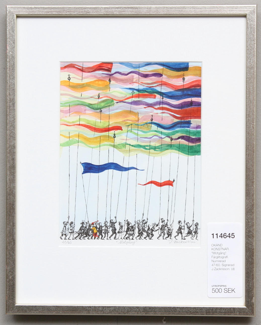 OKÄND KONSTNÄR. "Motgång". Färglitografi. Numrerad 47/60. Signerad J.Zackrisson.