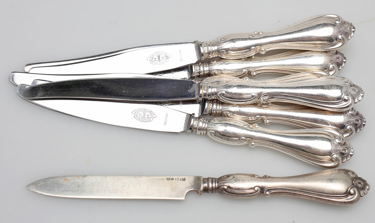 SMÖRGÅSKNIVAR, 7 st, silver, CG Hallberg, Stockholm, 1951.