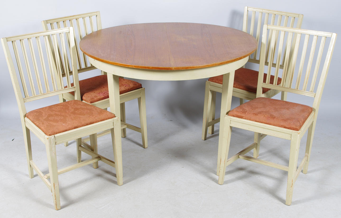 MATGRUPP, gråmålad med teakskiva, stolarna Carl Larsson-stil.