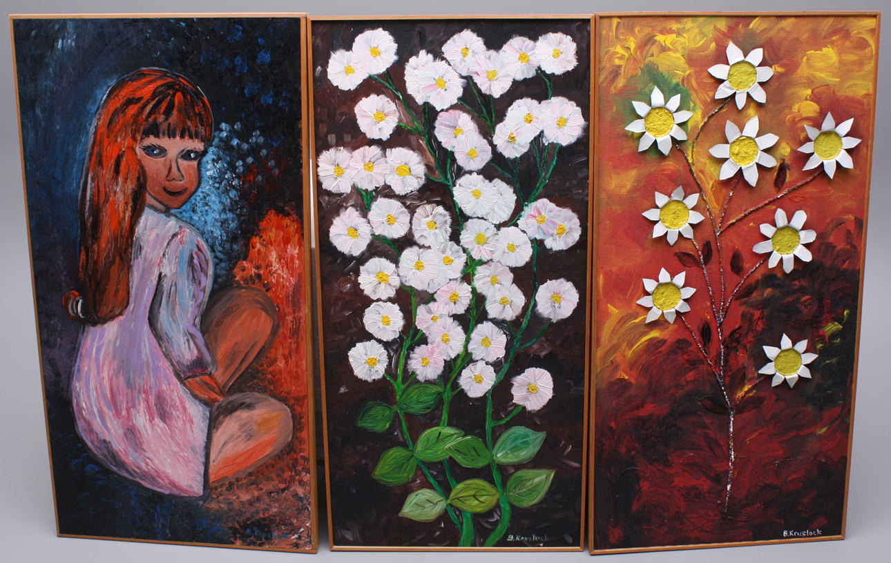 B.KRUSLOCK. tavlor, 3 st, sign B.Kruslock, akryl pannå / montage plåt.