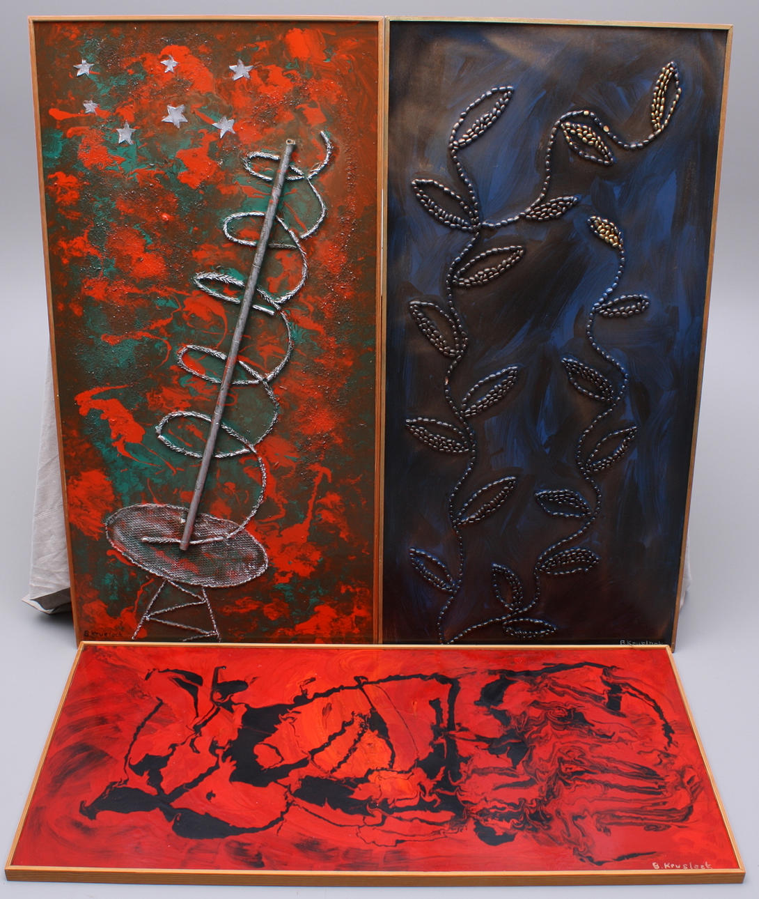 B.KRUSLOCK. tavlor, 3 st, sign B.Kruslock, blandteknik / montage.
