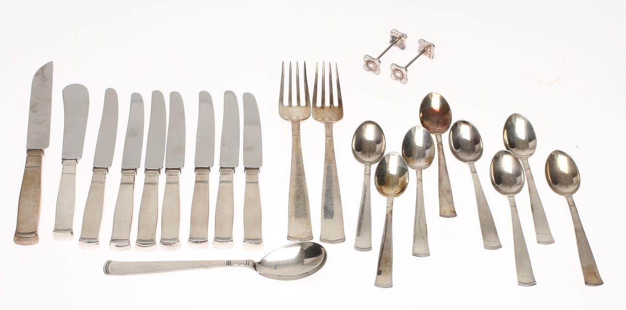 BESTICK, silver, 20 delar, Rosenholm, GAB 1949-1972, Vikt 250 g + knivar 392 g.